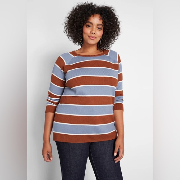 ModCloth Blue Brown Striped Ribbed Sweater | Plus Size 1X Retro Pullover Top - Picture 3 of 7